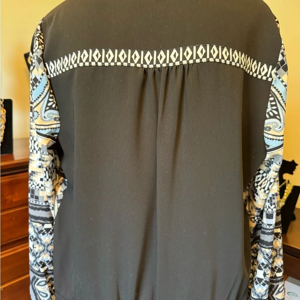 Hale Bob Black White Blue Tan Design Long Sleeve Pullover Dress Sz L Knee Length - Picture 6 of 16